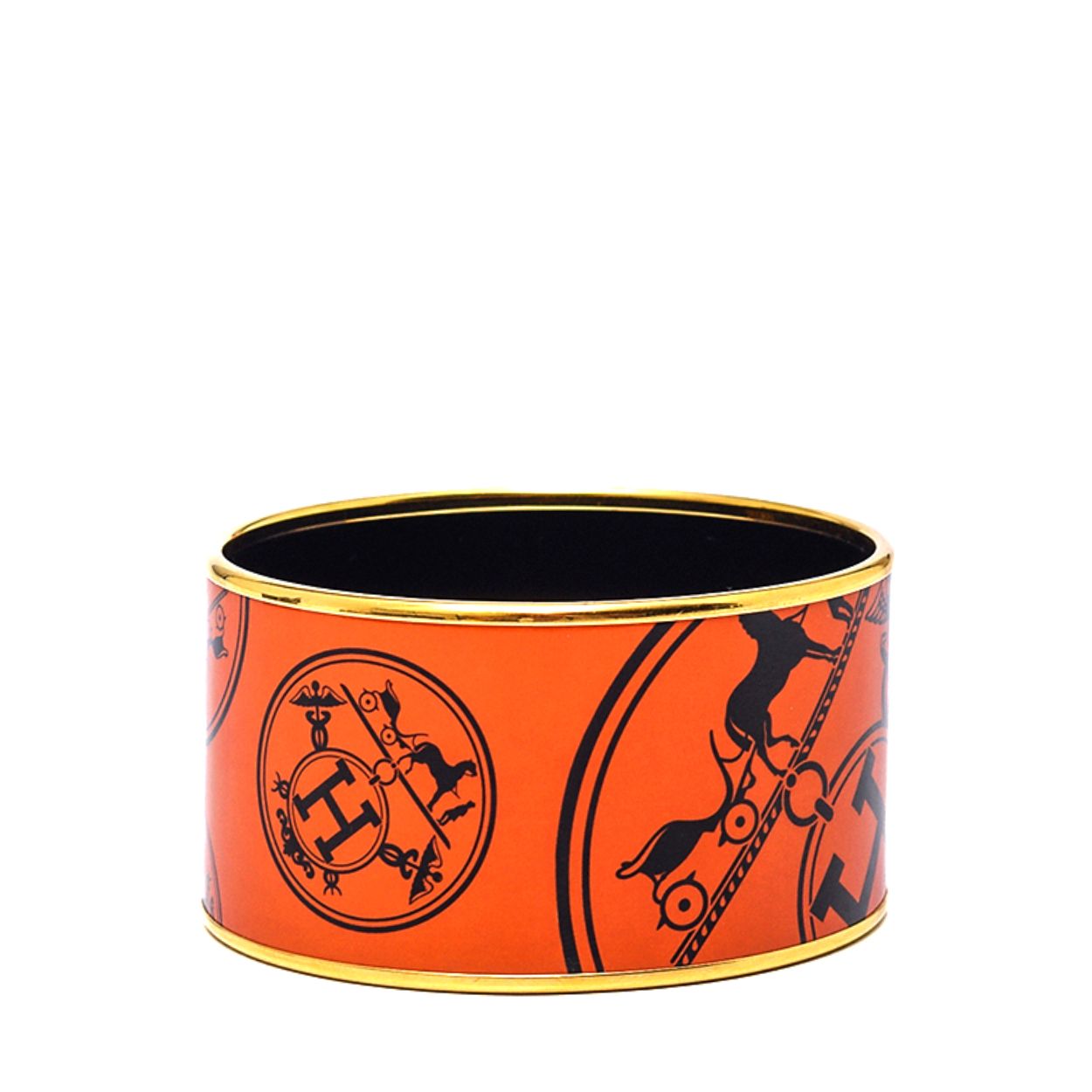 Hermes -Caléche Rodeo Print Wide Enamel Bracelet Orange M 